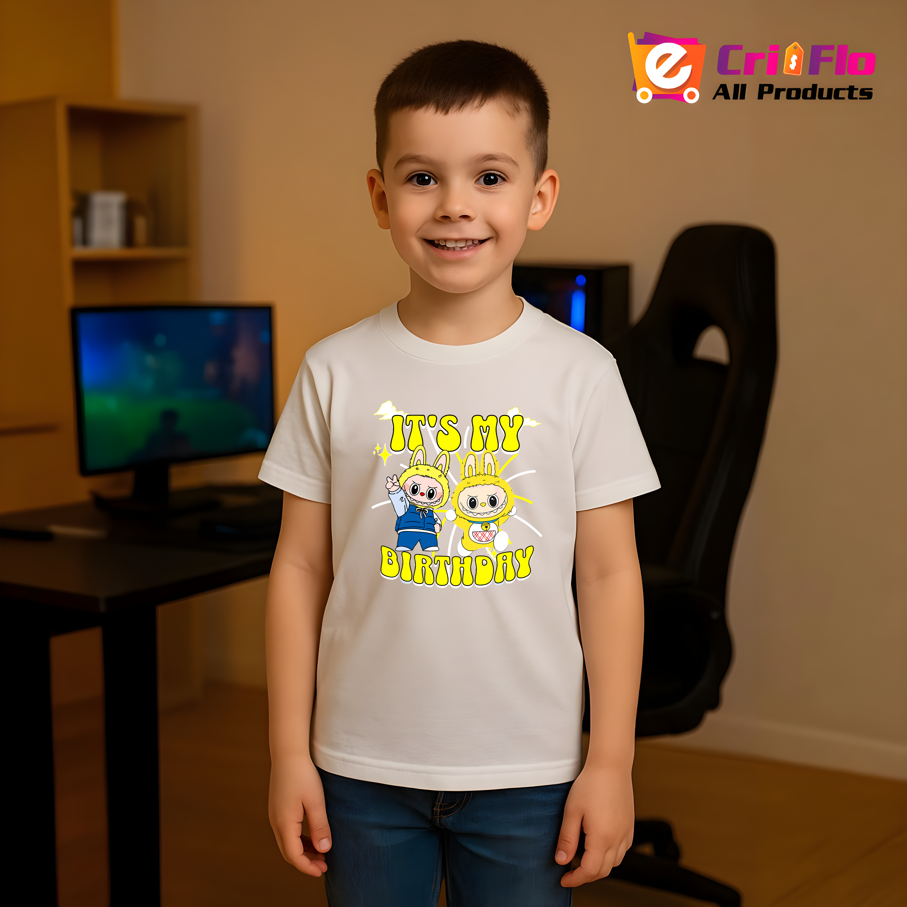 Tricou Labubu birthday yellow, Unisex Dama si Barbat | Copii 