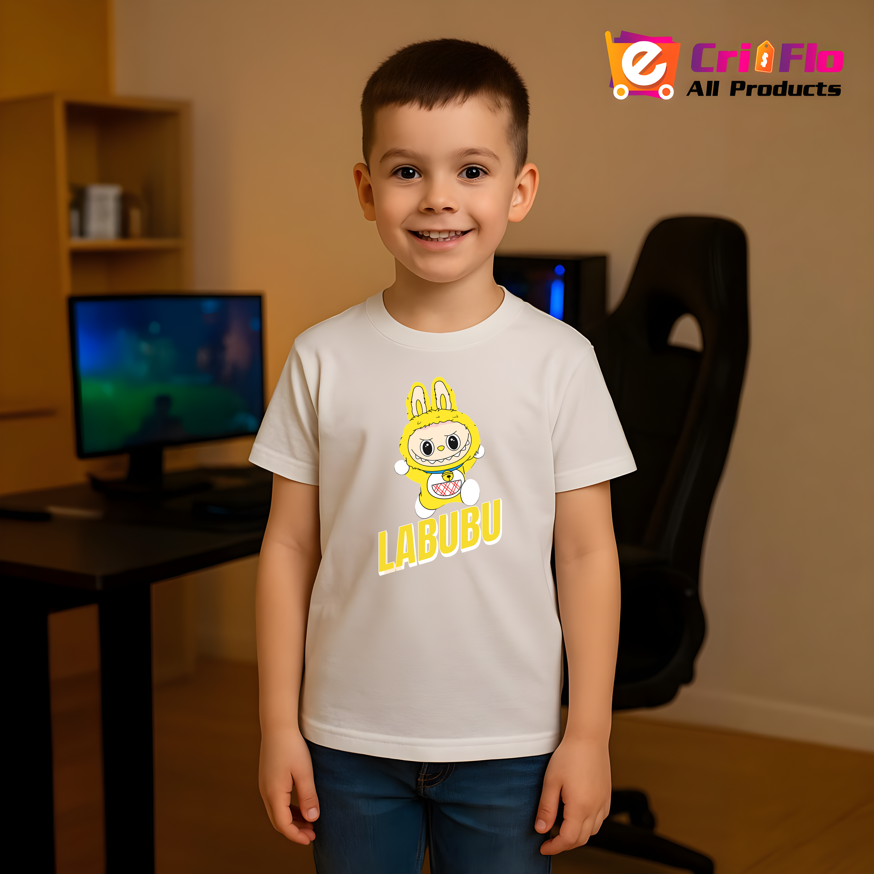 Tricou Labubu galben simplu, Unisex Dama si Barbat | Copii