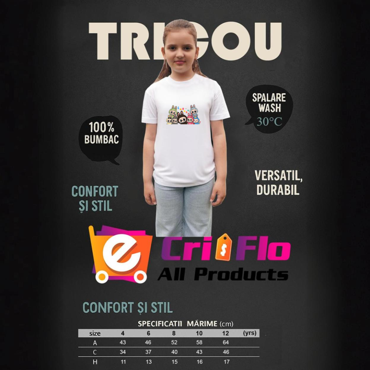 Tricou Labubu gasca completa, Copii, 100% bumbac, Cri-Flo, Culoare Alb, Marime 9-10 ani, 146 CM