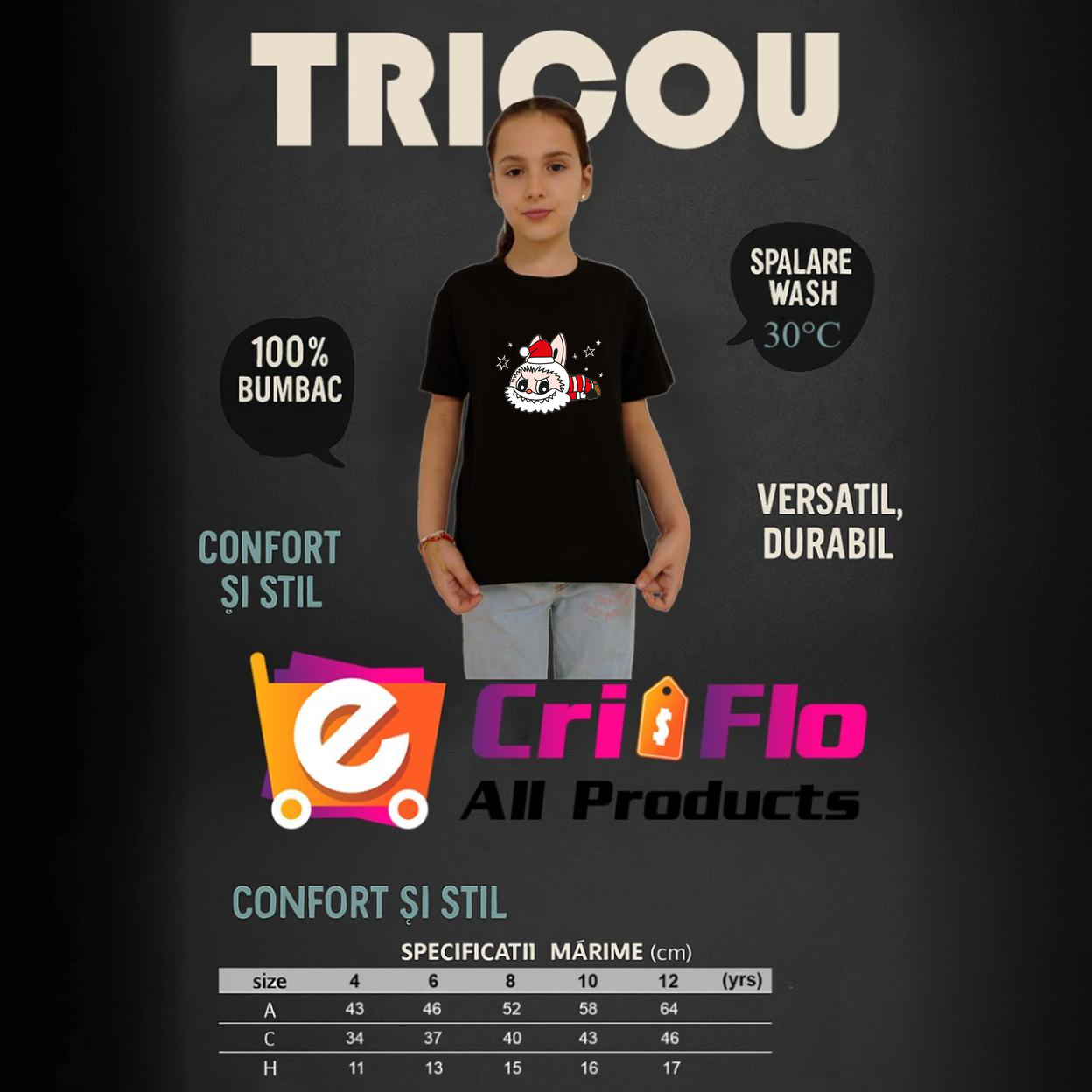 Tricou Labubu mos culcat, Copii, 100% bumbac, Cri-Flo, Culoare Negru, Marime 5-6 ani, 122 CM