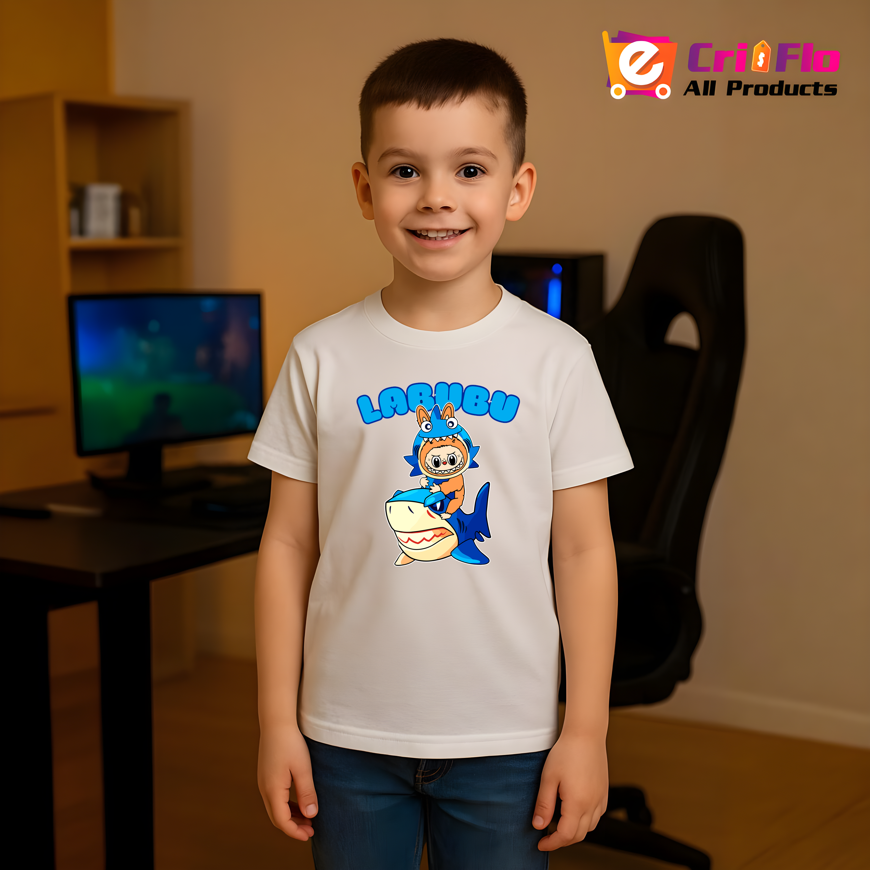 Tricou Labubu rechin albastru, Unisex Dama si Barbat | Copii