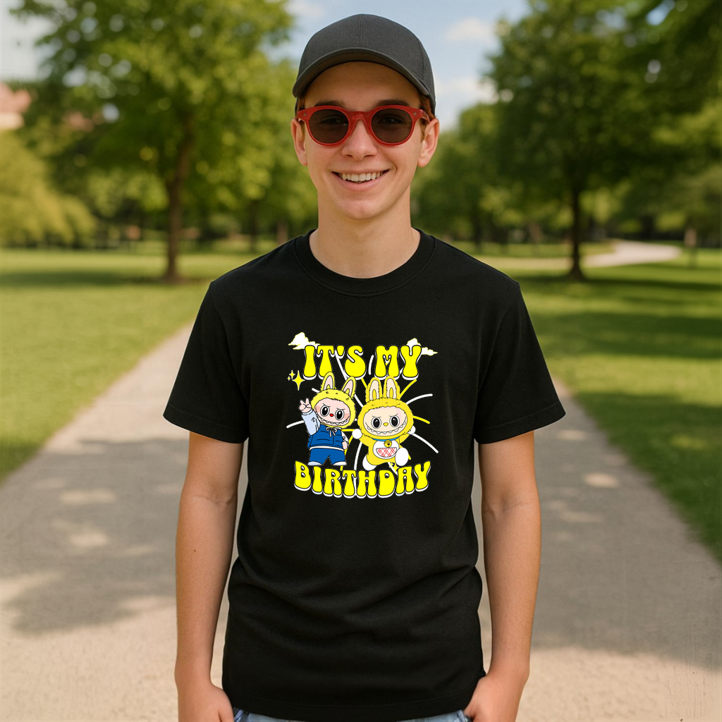 Tricou Labubu birthday yellow, Unisex Dama si Barbat | Copii 