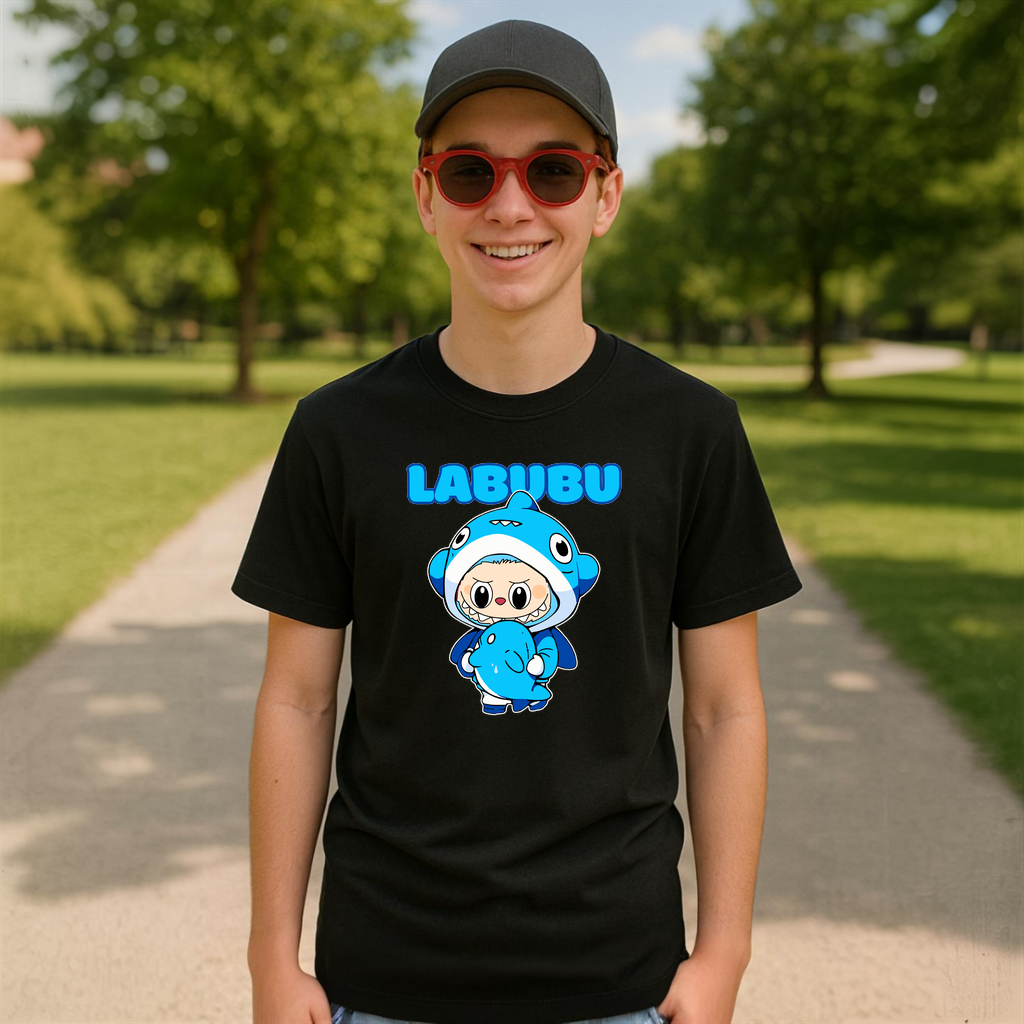 Tricou Labubu rechin albastru, Unisex Dama si Barbat | Copii 