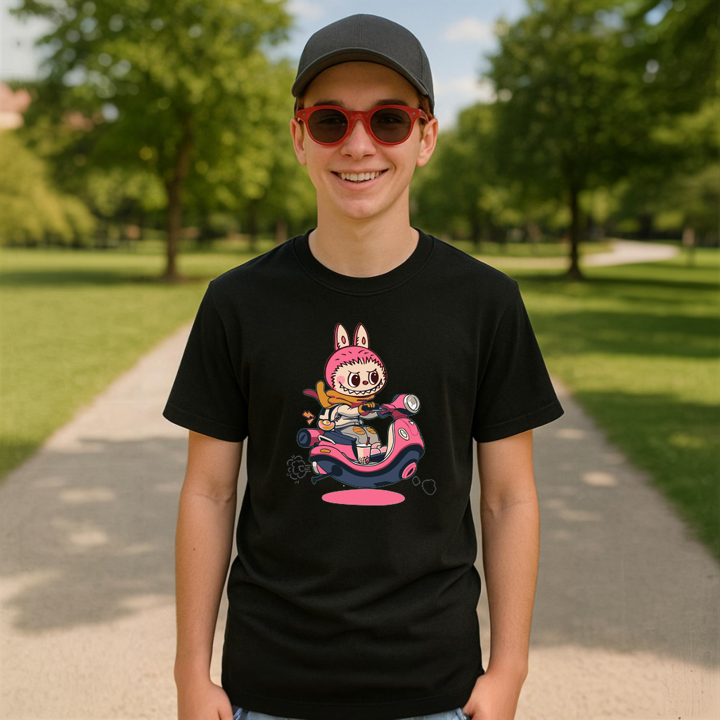 Tricou Labubu scuter roz, Unisex Dama si Barbat | Copii