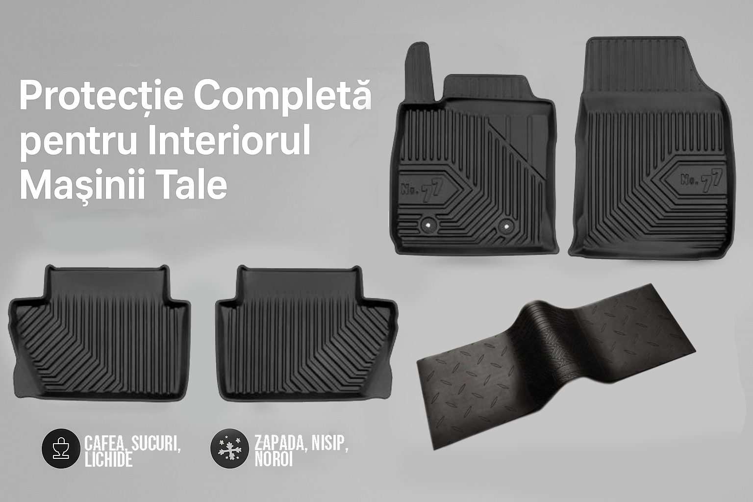 Set 5 covorase auto DACIA DUSTER SUV Van din 2006-2014, cu covoras tunel median, cauciuc, 4x Stickere auto cu DACIA