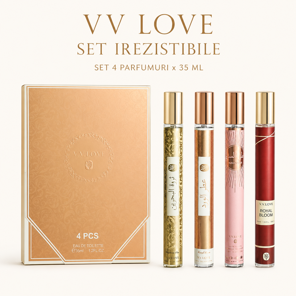 Set V.V. Love Irezistibile 4 parfumuri x 35 ml V.V. Love Irezistibile set 4 parfumuri damă Sapphire Royal Bloom Aurora Mist Rosed Attor