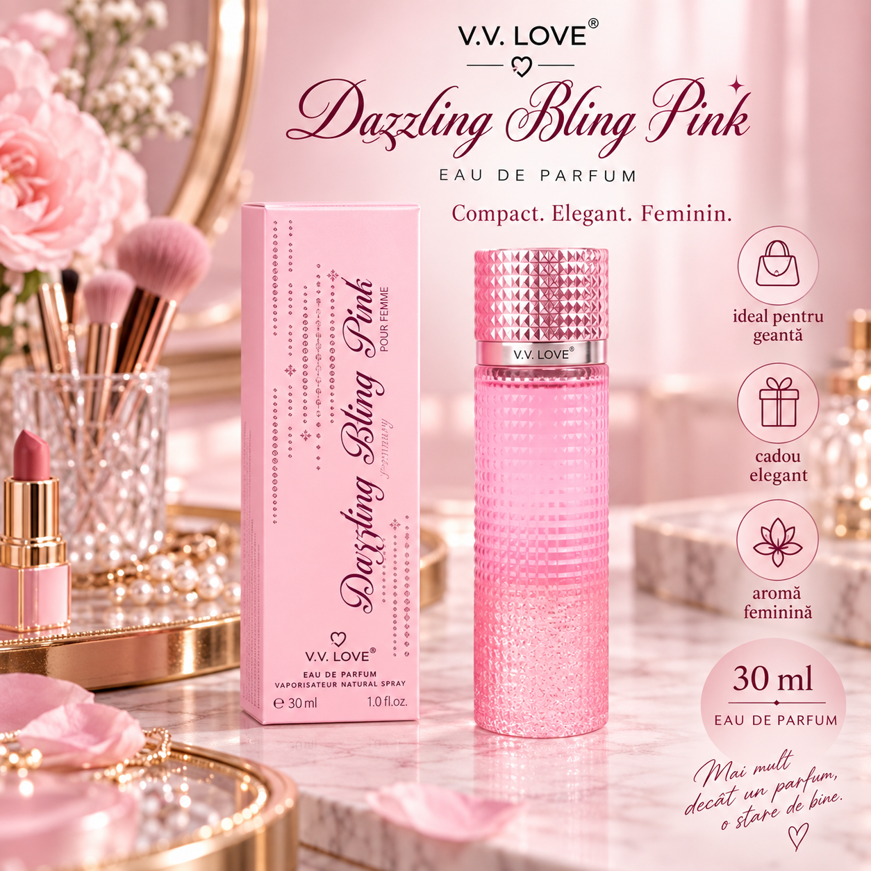 Parfum feminin V.V. LOVE Dazzling Bling Pink flacon roz