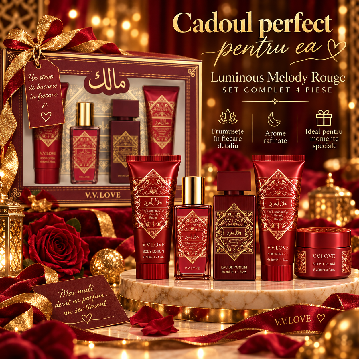 V.V.Love Luminous Melody Rouge Eau de Parfum flacon rosu si auriu