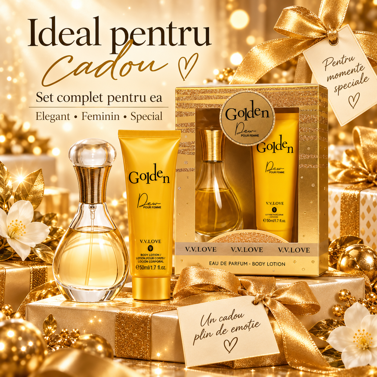 Set cadou femei V.V.Love Golden Dew parfum si body lotion