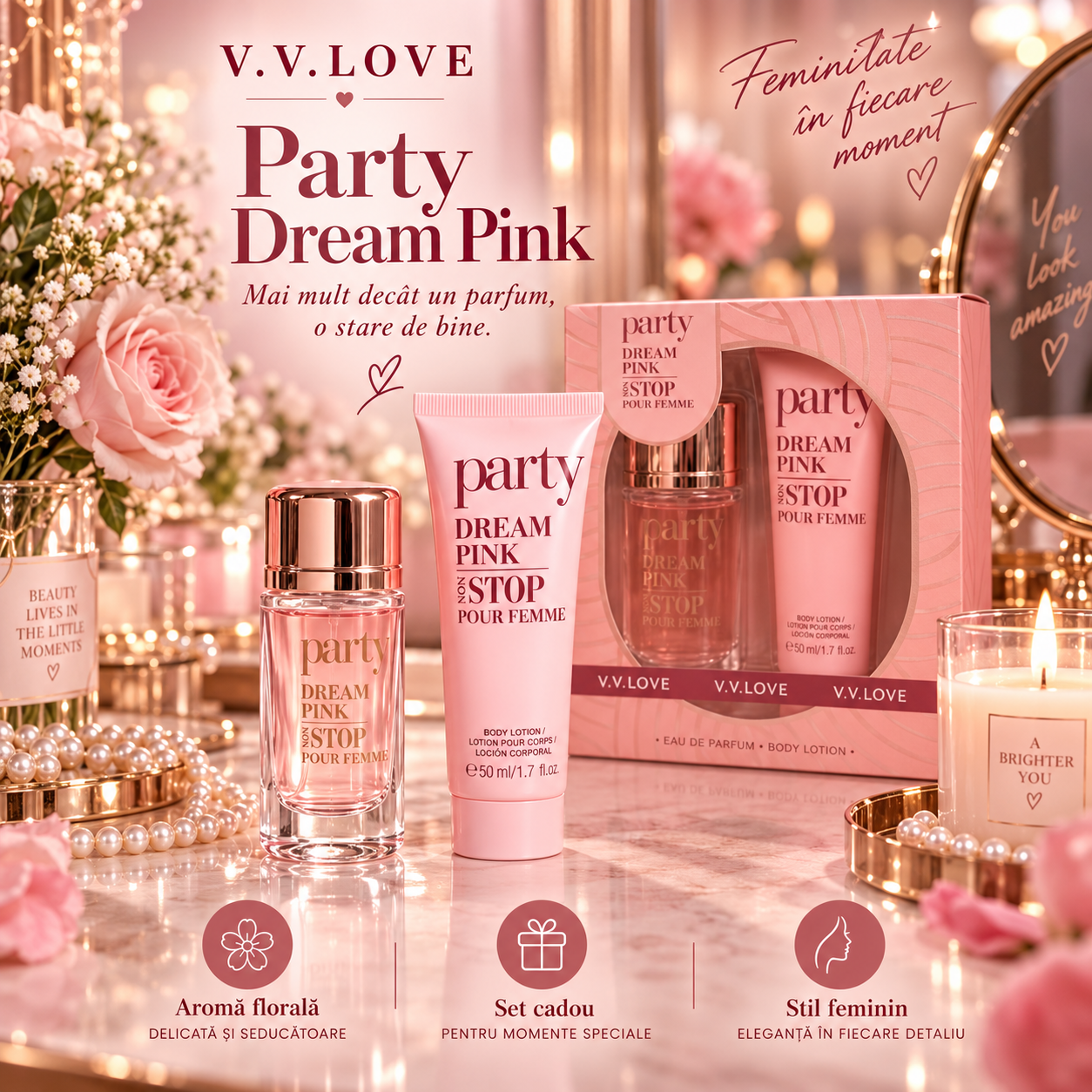 Set cadou femei V.V.Love Party Dream Pink parfum si Body Lotion