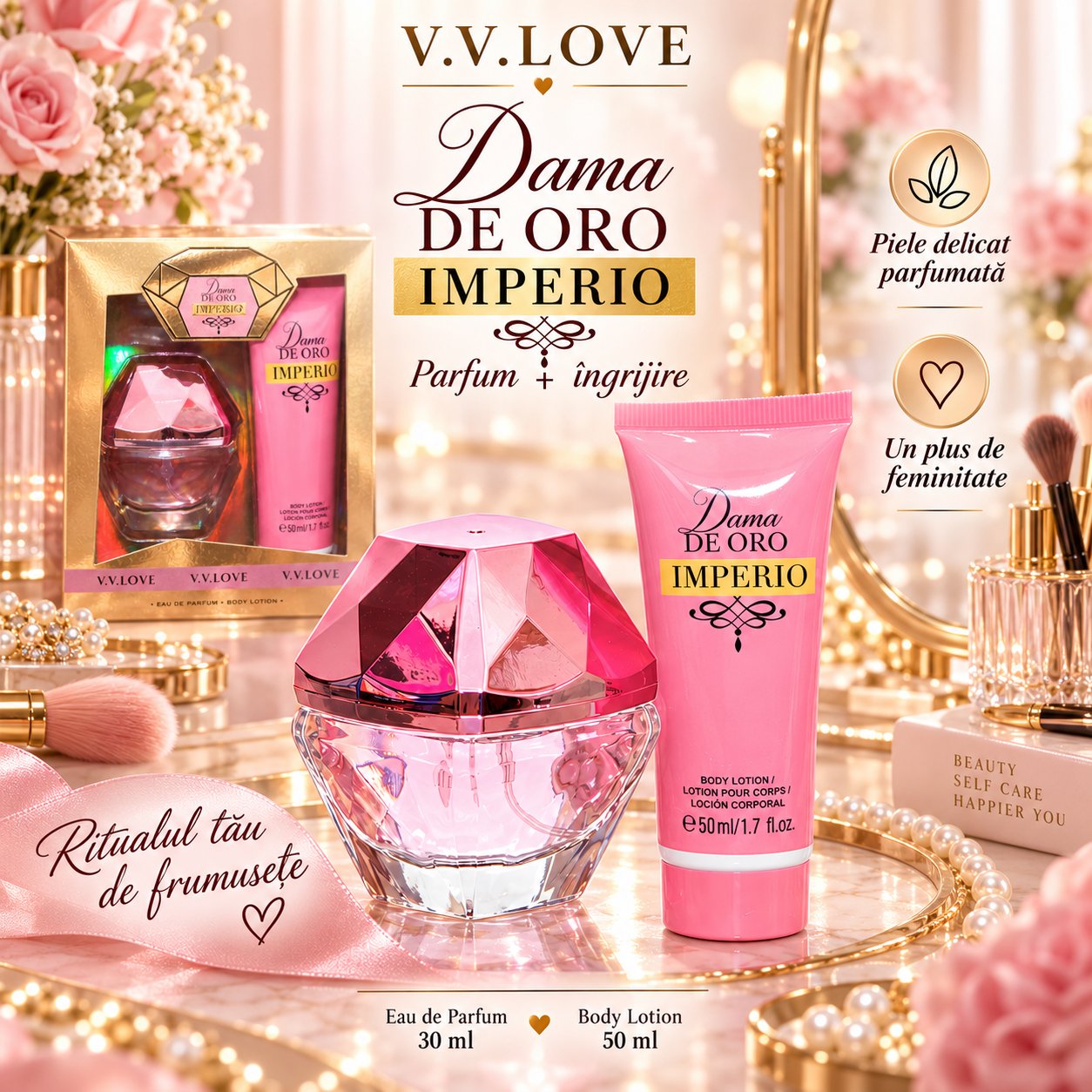 Set cadou femei V.V.Love Dama de Oro Imperio parfum si body lotion