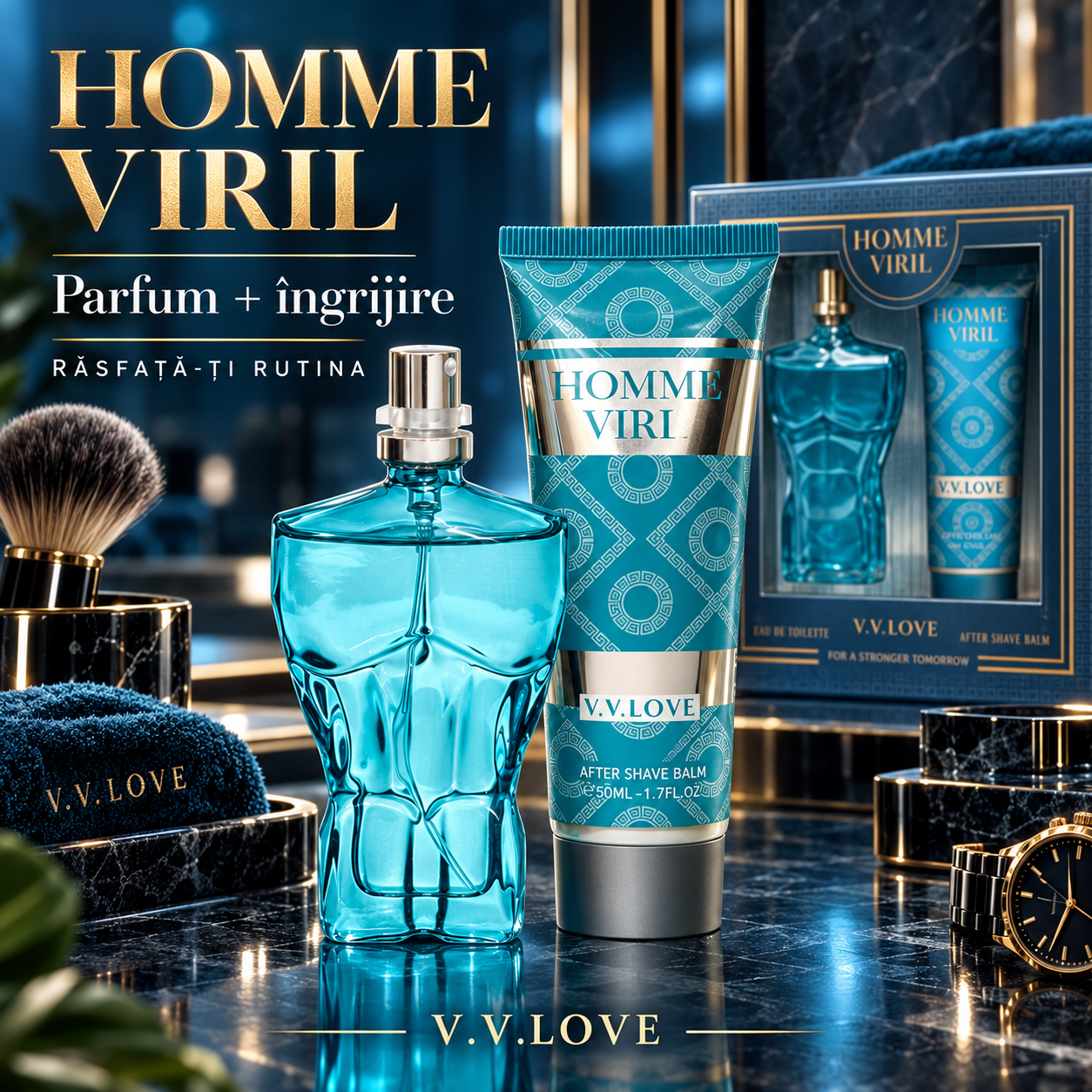 Set parfum barbati V.V.Love Homme Viril flacon bust masculin turcoaz