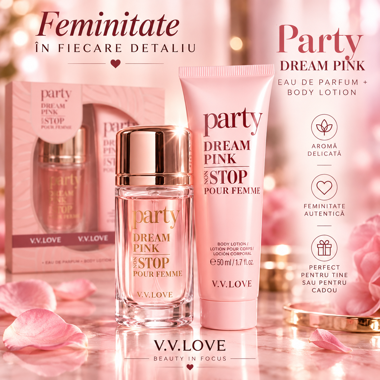 V.V.Love Party Dream Pink Non Stop set cadou femei Eau de Parfum 30ml Body Lotion 50ml