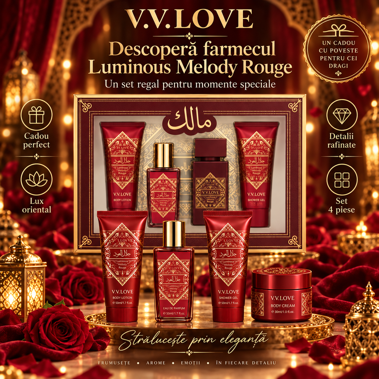 Set cadou V.V.Love Luminous Melody Rouge cu 4 produse